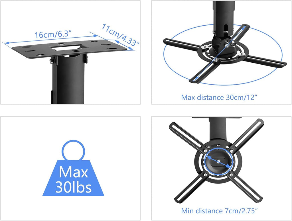suptek Projector Ceiling Mount Bracket Fits Flat or Sloped Ceiling Height Adjustable with Extendable Length 30.7-49.21inch,for LCD/DLP Projectors,Black (PR05LB)