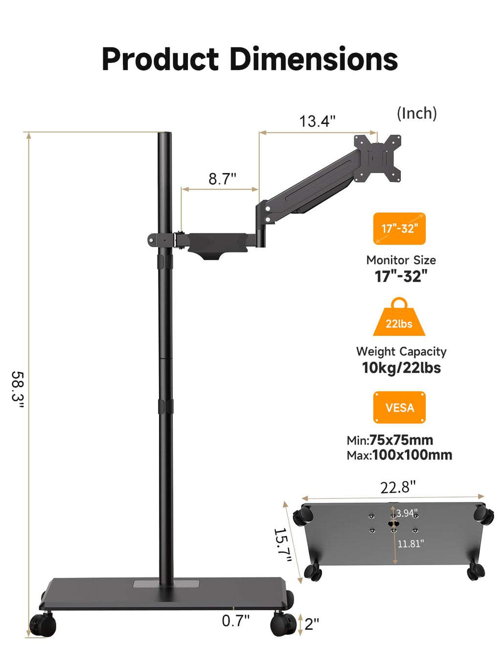 suptek Mobile Desk Workstation with Monitor Mount for up to 32" Screen, Rolling Computer Cart on Wheels,Full Keyboard Tray, CPU Holder