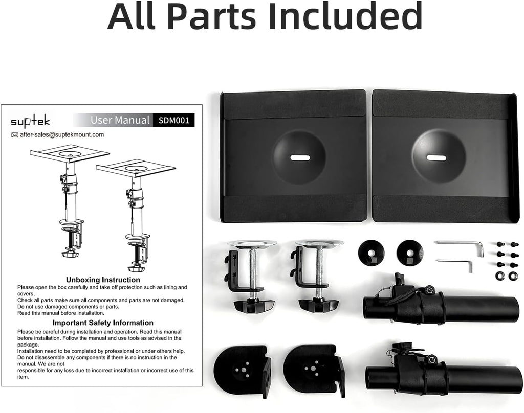 suptek Small Clamp-on Speaker Stand Desk Mount Set, Tilt, Swivel, 7.8 x 6.5 inch Trays, Universal Audio Holders for Computer and Bookshelf Speakers, Elevated Sound, 2 Pack, Black, SDM001SFX