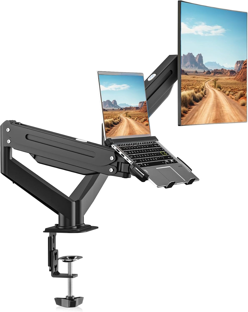 Suptek Monitor Laptop Mount Stand, 2 in 1 Function Dual Monitor Arms Desk Mount for 13"-18" Notebook and 17"-32" Monitor with Laptop Tray,Holds up to 22lbs