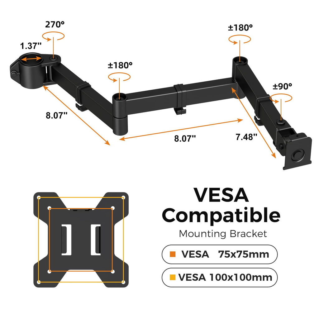 suptek Single Monitor Arm for Desk Mount Stand,Adjustable Monitor Arm for 17 to 32 inch Screen, Support Weight up to 22lbs, Mounting Holes 75x75mm to 100x100mm,Pneumatic Pole Mount Arm Black