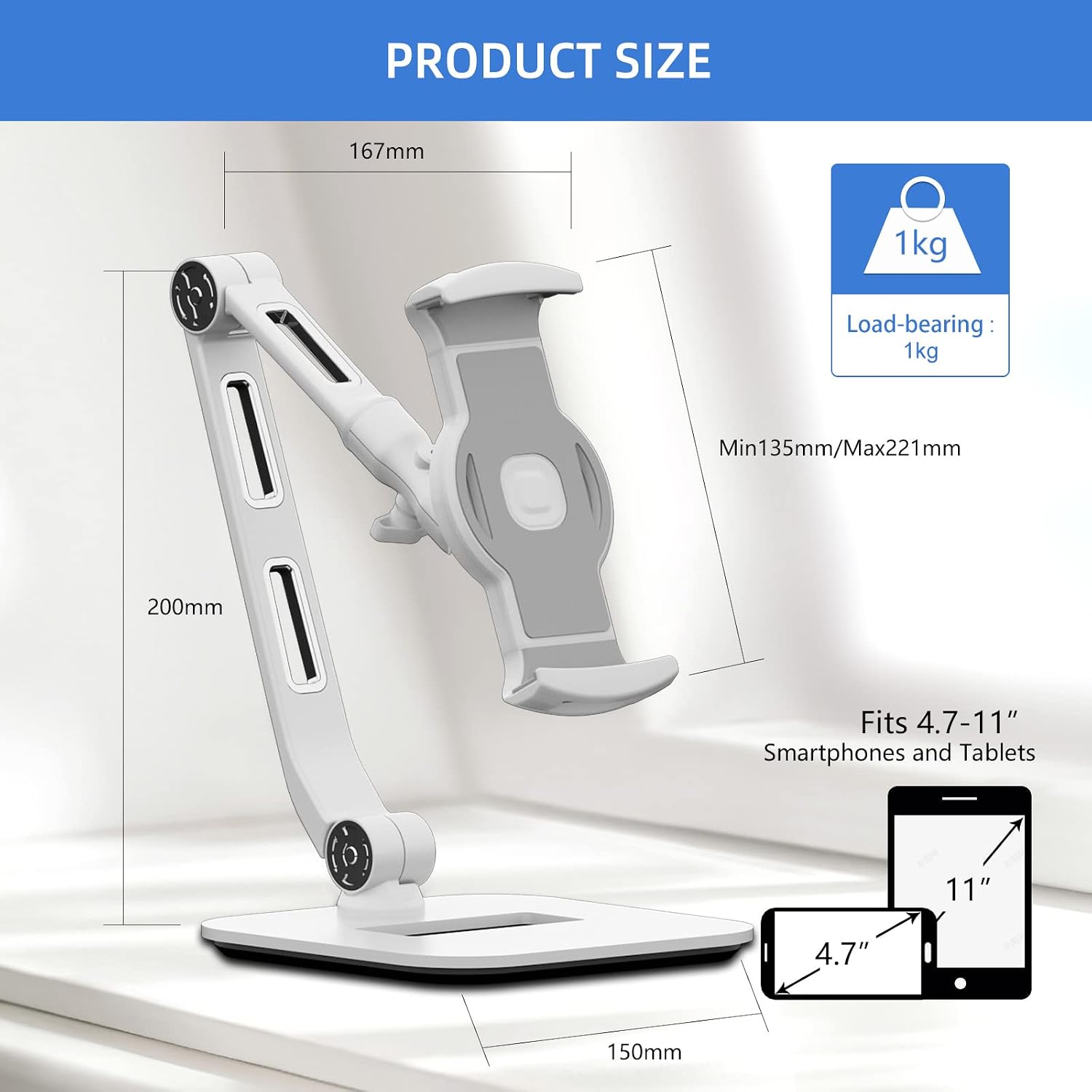 Aluminum phone/Tablet Stand,Adjustable&Foldable Tablet Holder- Desktop Stand Compatible with iPad,Air mini 2 3 4,Samsung and More 4.7-11 inch Tablets.Applicable for Home,Office.YFD208W White