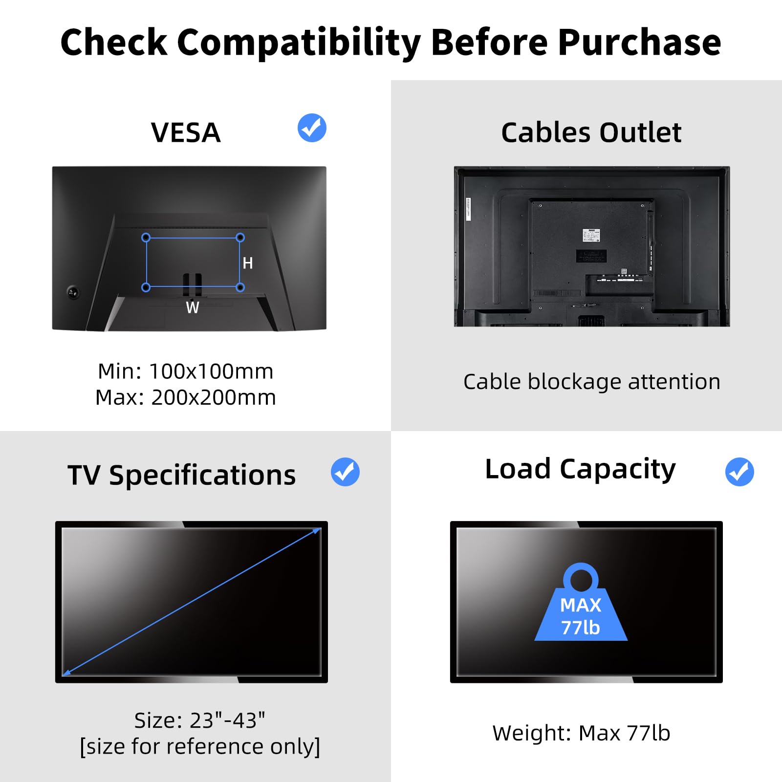 Suptek Ceiling TV Mount Fits Most 26-65 inch LCD LED Plasma Panel Display with Max VESA 400x400mm Loaded up to 45kg/100lbs Height Adjustable MC4602