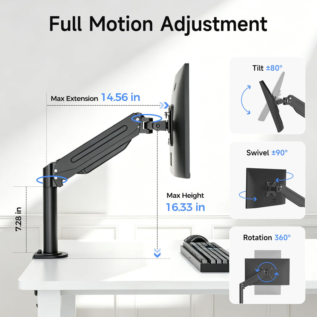 suptek Single Monitor Mount Gas Spring Arm Mount with Base,Free standing Pneumatic Height Adjustable Monitor Desk Stand for 17 to 35 inch,Holds up to 24.25lbs,Black(ML8XC)