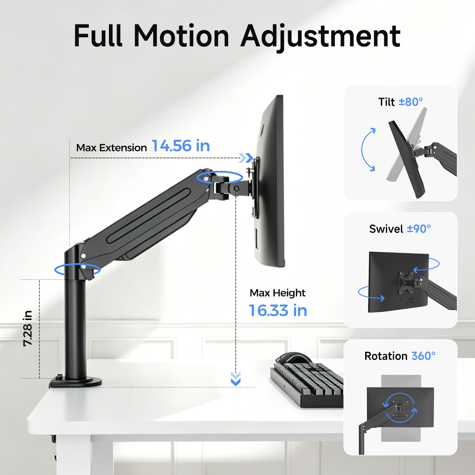 suptek Single Monitor Mount Gas Spring Arm Mount with Base,Free standing Pneumatic Height Adjustable Monitor Desk Stand for 17 to 35 inch,Holds up to 24.25lbs,Black(ML8XC)