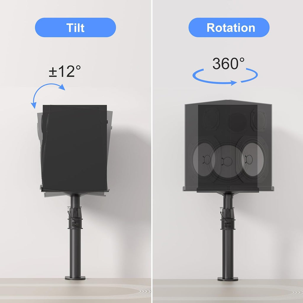 suptek Small Clamp-on Speaker Stand Desk Mount Set, Tilt, Swivel, 7.8 x 6.5 inch Trays, Universal Audio Holders for Computer and Bookshelf Speakers, Elevated Sound, 2 Pack, Black, SDM001SFX