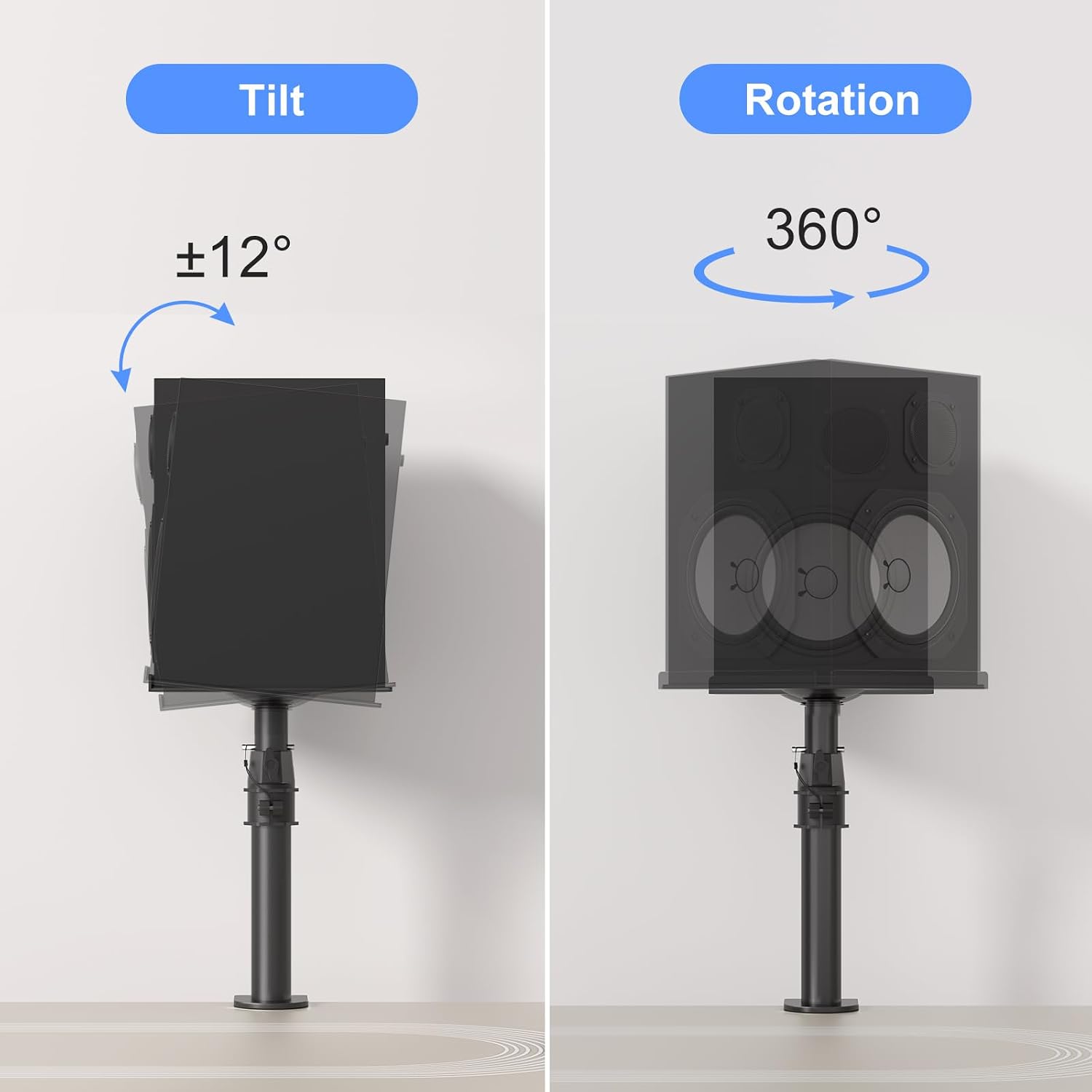 suptek Small Clamp-on Speaker Stand Desk Mount Set, Tilt, Swivel, 7.8 x 6.5 inch Trays, Universal Audio Holders for Computer and Bookshelf Speakers, Elevated Sound, 2 Pack, Black, SDM001SFX