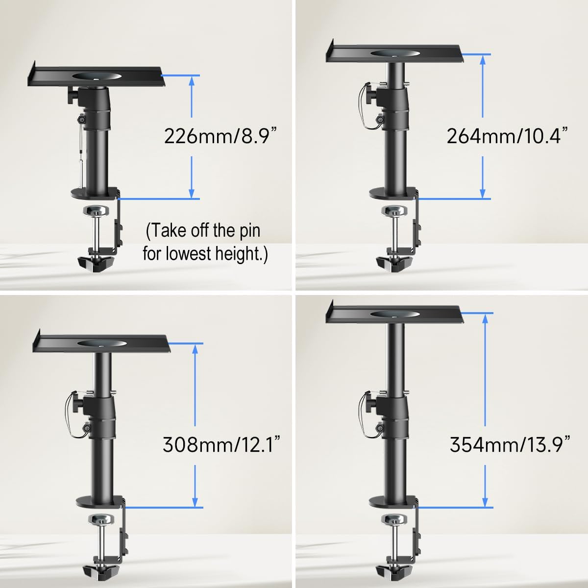 suptek Small Clamp-on Speaker Stand Desk Mount Set, Tilt, Swivel, 7.8 x 6.5 inch Trays, Universal Audio Holders for Computer and Bookshelf Speakers, Elevated Sound, 2 Pack, Black, SDM001SFX