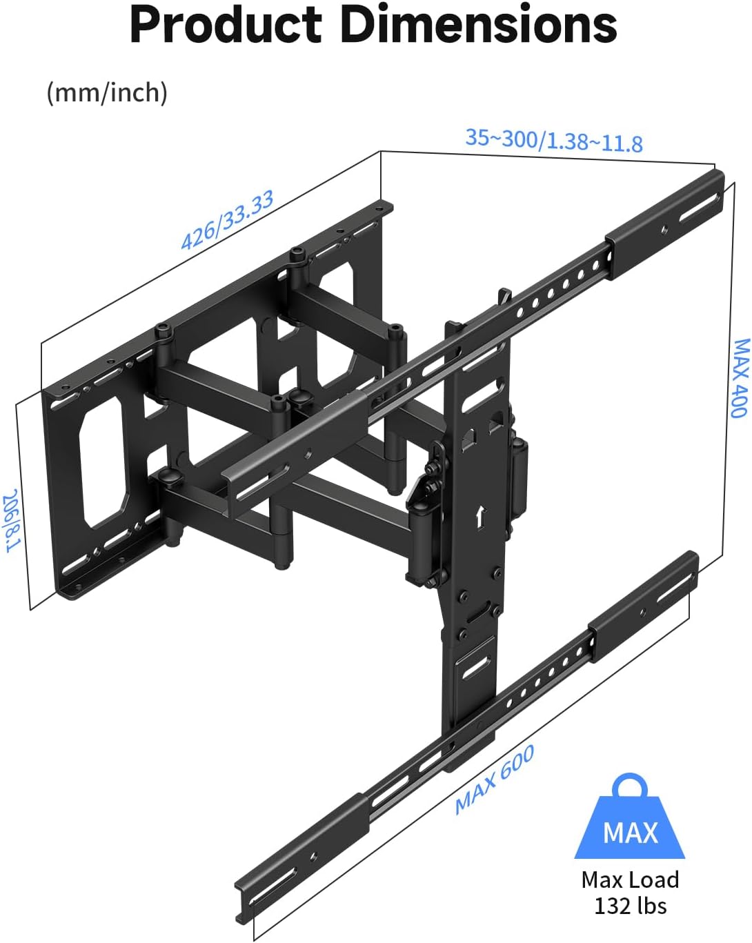 Suptek Ultra Slim TV Wall Mount Full Motion for 43-90” Large Screen | 1.38in slim mount, ±45° swivel, spring anti-glare tilt, 11.8in extend, VESA 600x400, holds 132lbs media room