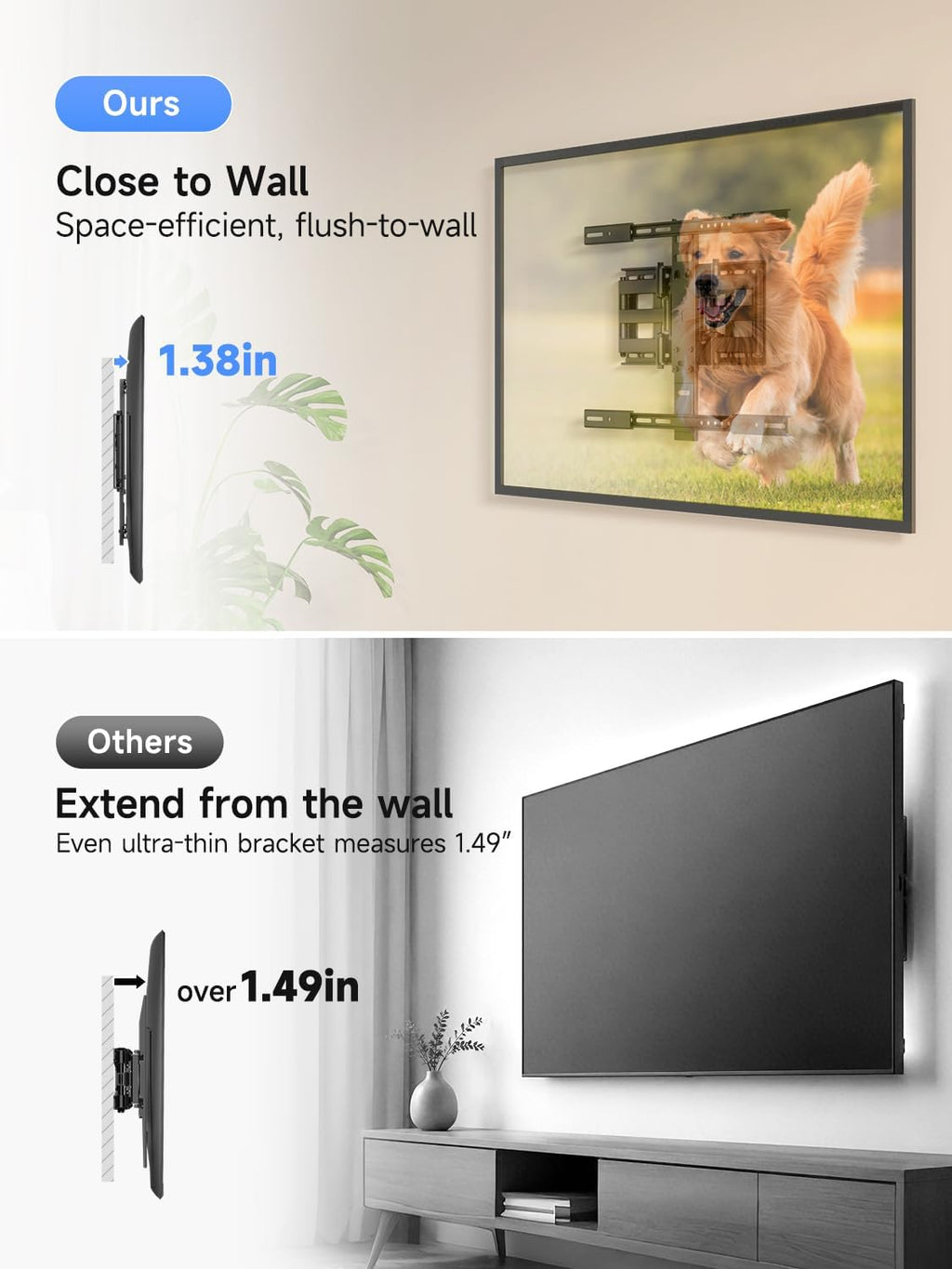 Suptek Ultra Slim TV Wall Mount Full Motion for 43-90” Large Screen | 1.38in slim mount, ±45° swivel, spring anti-glare tilt, 11.8in extend, VESA 600x400, holds 132lbs media room