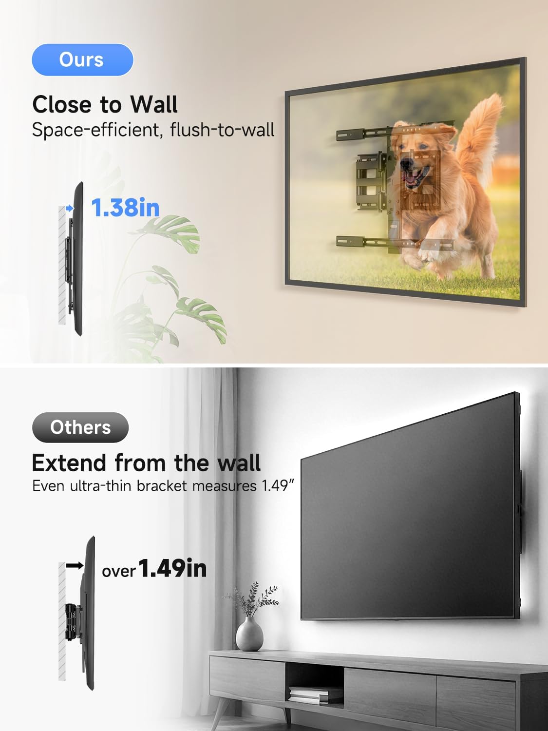 Suptek Ultra Slim TV Wall Mount Full Motion for 43-90” Large Screen | 1.38in slim mount, ±45° swivel, spring anti-glare tilt, 11.8in extend, VESA 600x400, holds 132lbs media room