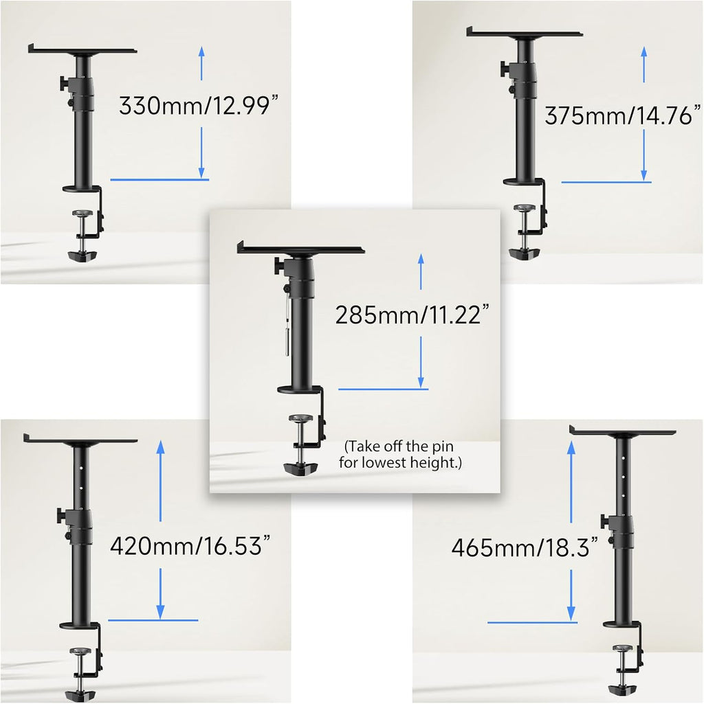 suptek Small Clamp-on Speaker Stand Desk Mount Set, Tilt, Swivel, 7.8 x 6.5 inch Trays, Universal Audio Holders for Computer and Bookshelf Speakers, Elevated Sound, 2 Pack, Black, SDM001SFX