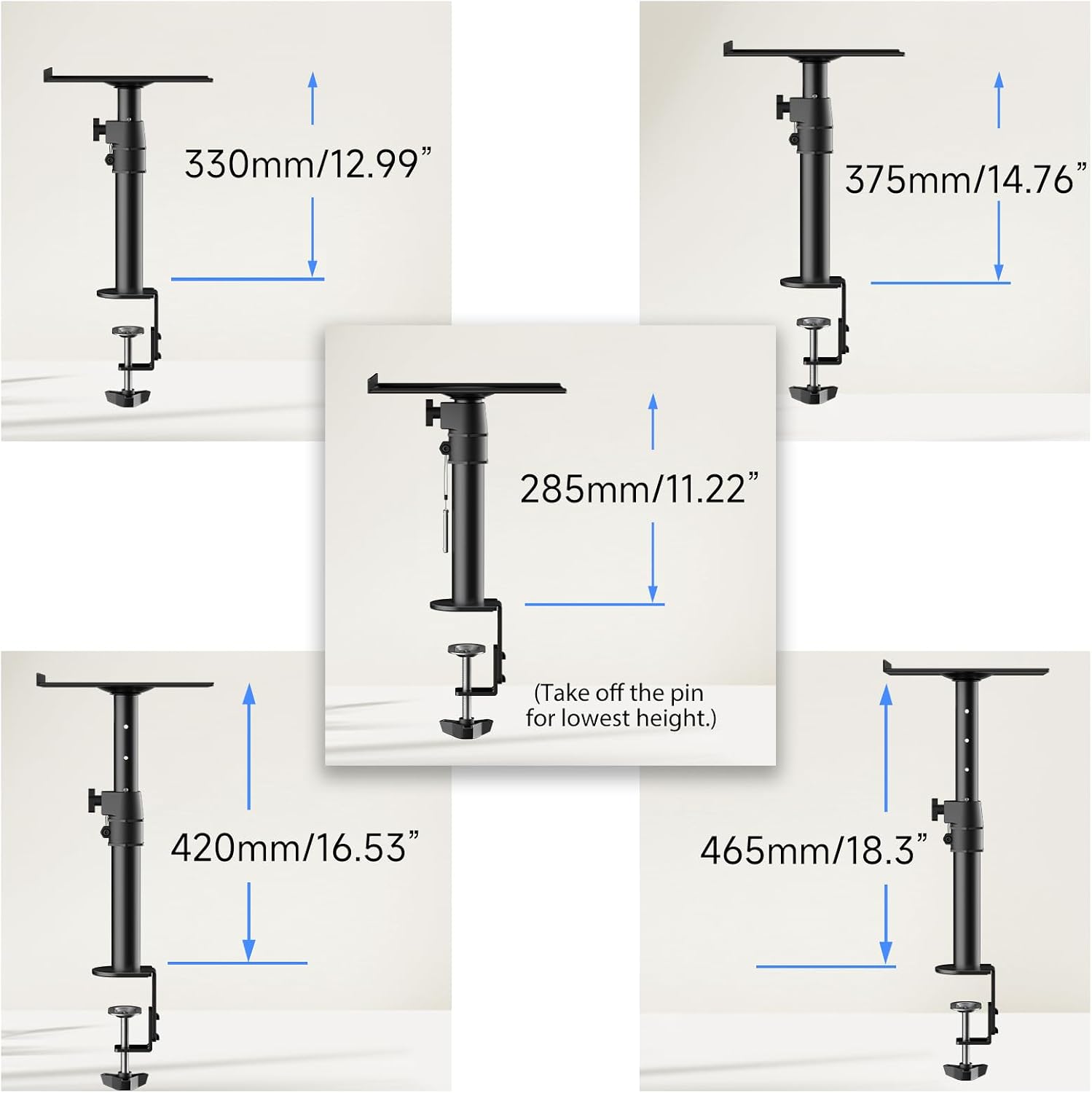 suptek Small Clamp-on Speaker Stand Desk Mount Set, Tilt, Swivel, 7.8 x 6.5 inch Trays, Universal Audio Holders for Computer and Bookshelf Speakers, Elevated Sound, 2 Pack, Black, SDM001SFX