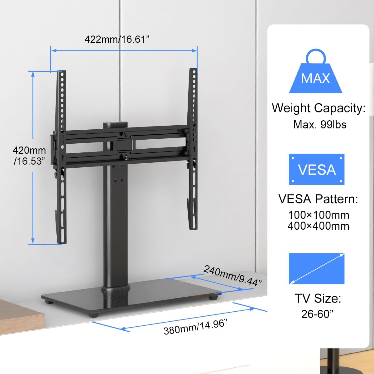 Suptek Universal Swivel Table Top TV Stand for 26-60 inch LED OLED Flat Curved Screens, Height Adjustable TV Mount Stand with Glass Base Hold up to 99lbs, Max VESA 400x400mm,TS202