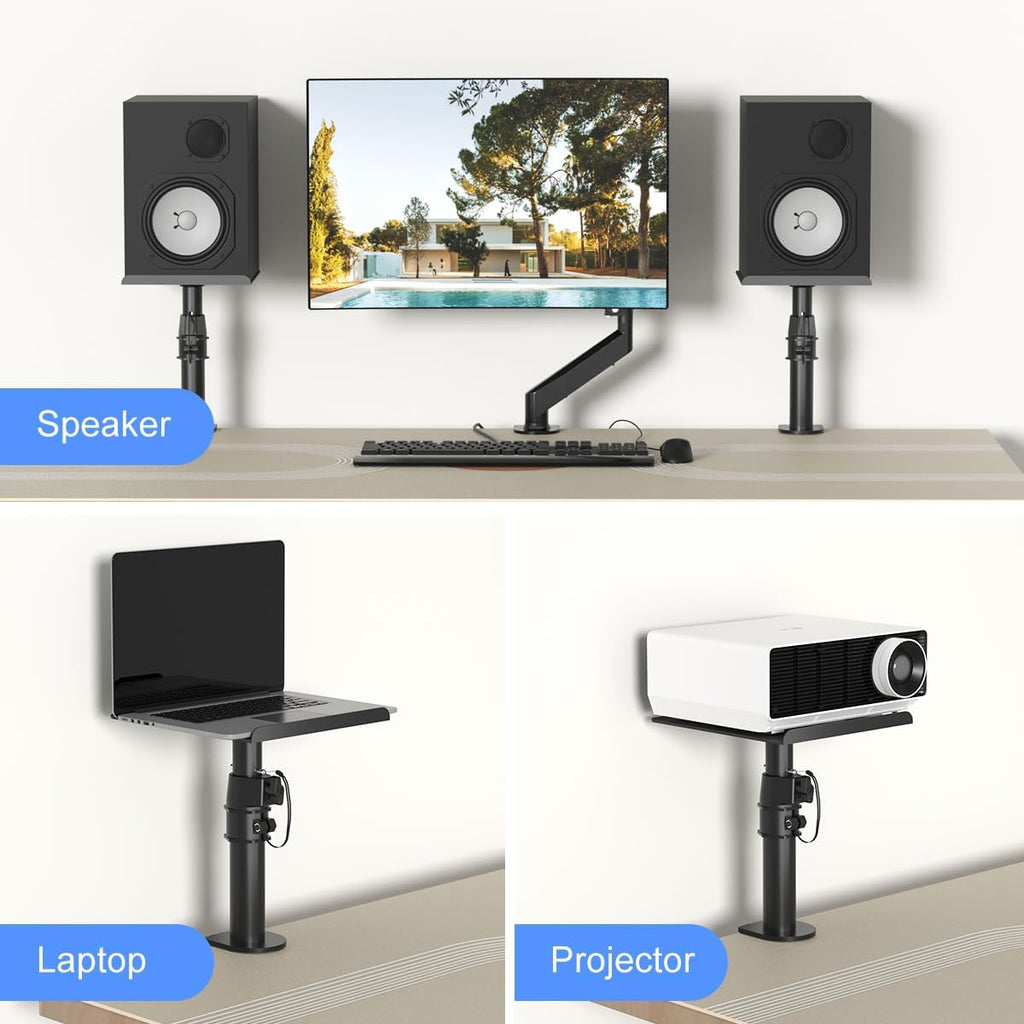 suptek Small Clamp-on Speaker Stand Desk Mount Set, Tilt, Swivel, 7.8 x 6.5 inch Trays, Universal Audio Holders for Computer and Bookshelf Speakers, Elevated Sound, 2 Pack, Black, SDM001SFX
