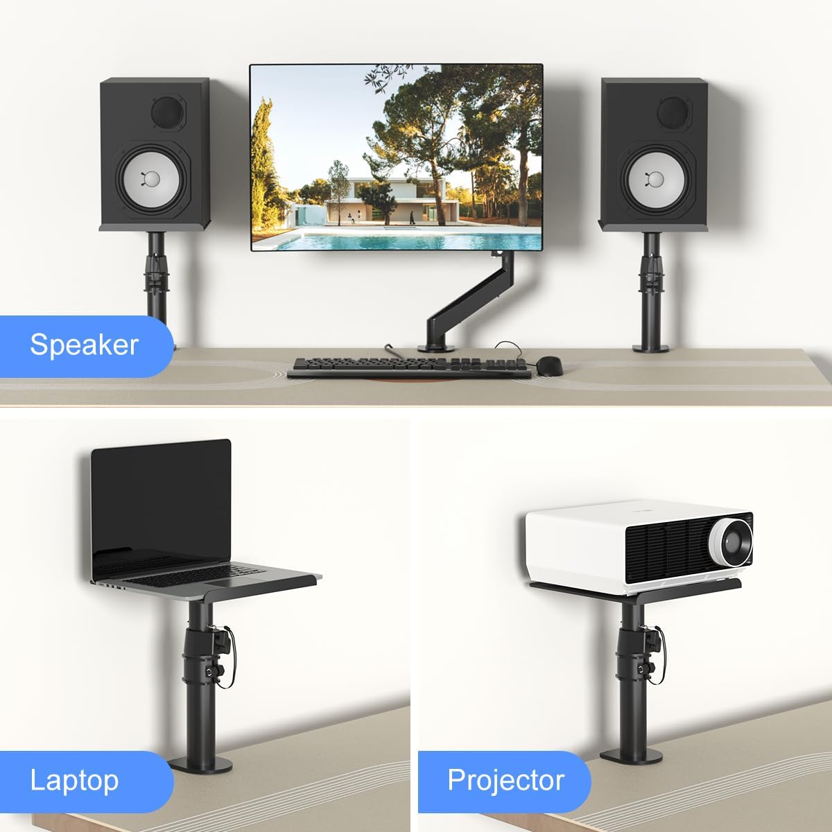 suptek Small Clamp-on Speaker Stand Desk Mount Set, Tilt, Swivel, 7.8 x 6.5 inch Trays, Universal Audio Holders for Computer and Bookshelf Speakers, Elevated Sound, 2 Pack, Black, SDM001SFX