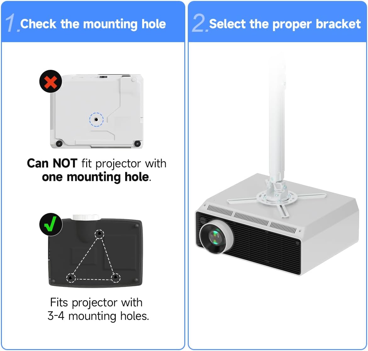 suptek Projector Ceiling Mount Bracket Fits Flat or Sloped Ceiling Height Adjustable with Extendable Length 30.7-49.21inch,for LCD/DLP Projectors,Black (PR05LB)