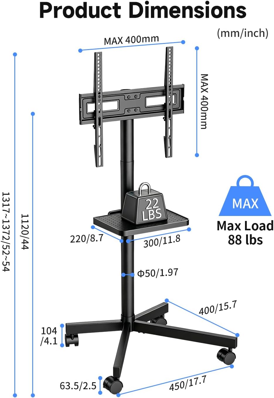 Suptek Rolling TV Stand Height Adjustable for 23-55-65 Inch LCD LED TV | Tilt Mobile TV Stand Holds up to 88lbs, Outdoor TV Stands Wheels with Shelf, Portable TV Stand for Living Room VESA 400x400