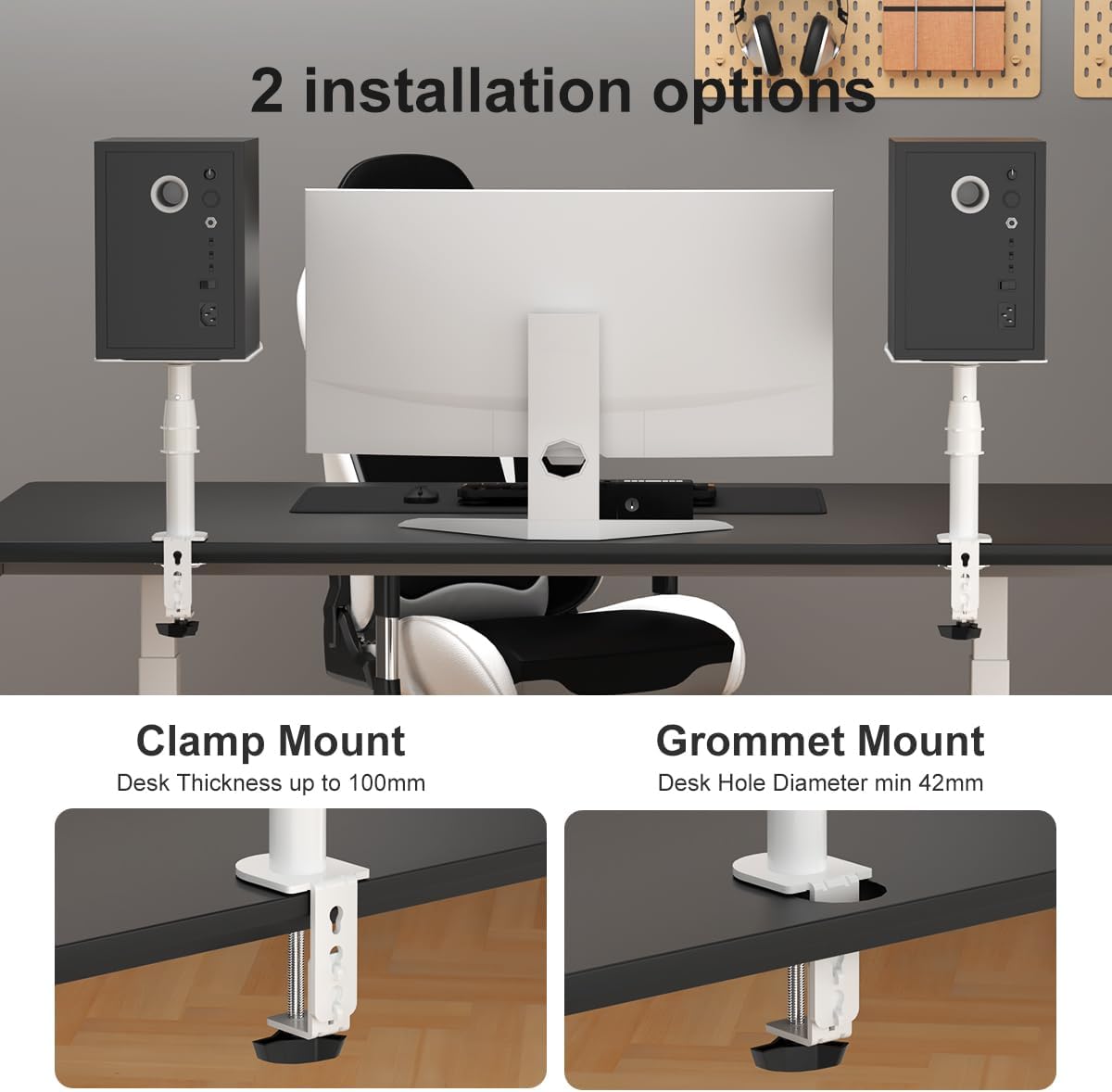 suptek Small Clamp-on Speaker Stand Desk Mount Set, Tilt, Swivel, 7.8 x 6.5 inch Trays, Universal Audio Holders for Computer and Bookshelf Speakers, Elevated Sound, 2 Pack, Black, SDM001SFX