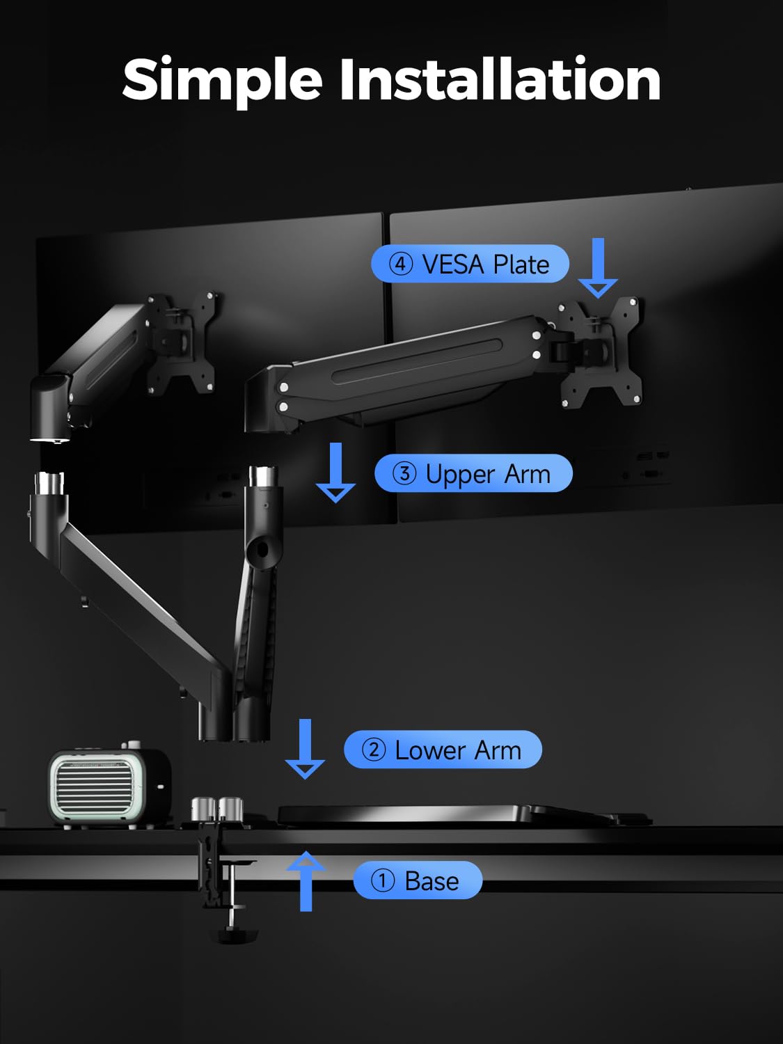 suptek Triple Monitor Mount for Most 17 to 32 inch Screens,Gas Springs Adjustment Triple Monitor Desk Mount Stand with Clamp & Grommet Kit,Black(MD8003)