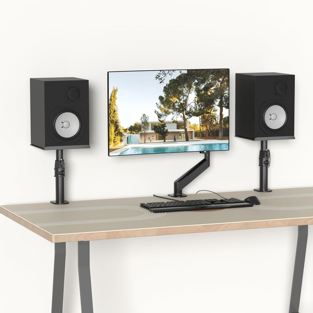 suptek Small Clamp-on Speaker Stand Desk Mount Set, Tilt, Swivel, 7.8 x 6.5 inch Trays, Universal Audio Holders for Computer and Bookshelf Speakers, Elevated Sound, 2 Pack, Black, SDM001SFX
