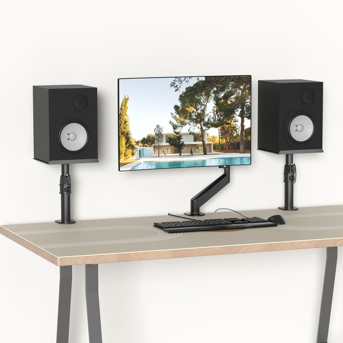 suptek Small Clamp-on Speaker Stand Desk Mount Set, Tilt, Swivel, 7.8 x 6.5 inch Trays, Universal Audio Holders for Computer and Bookshelf Speakers, Elevated Sound, 2 Pack, Black, SDM001SFX