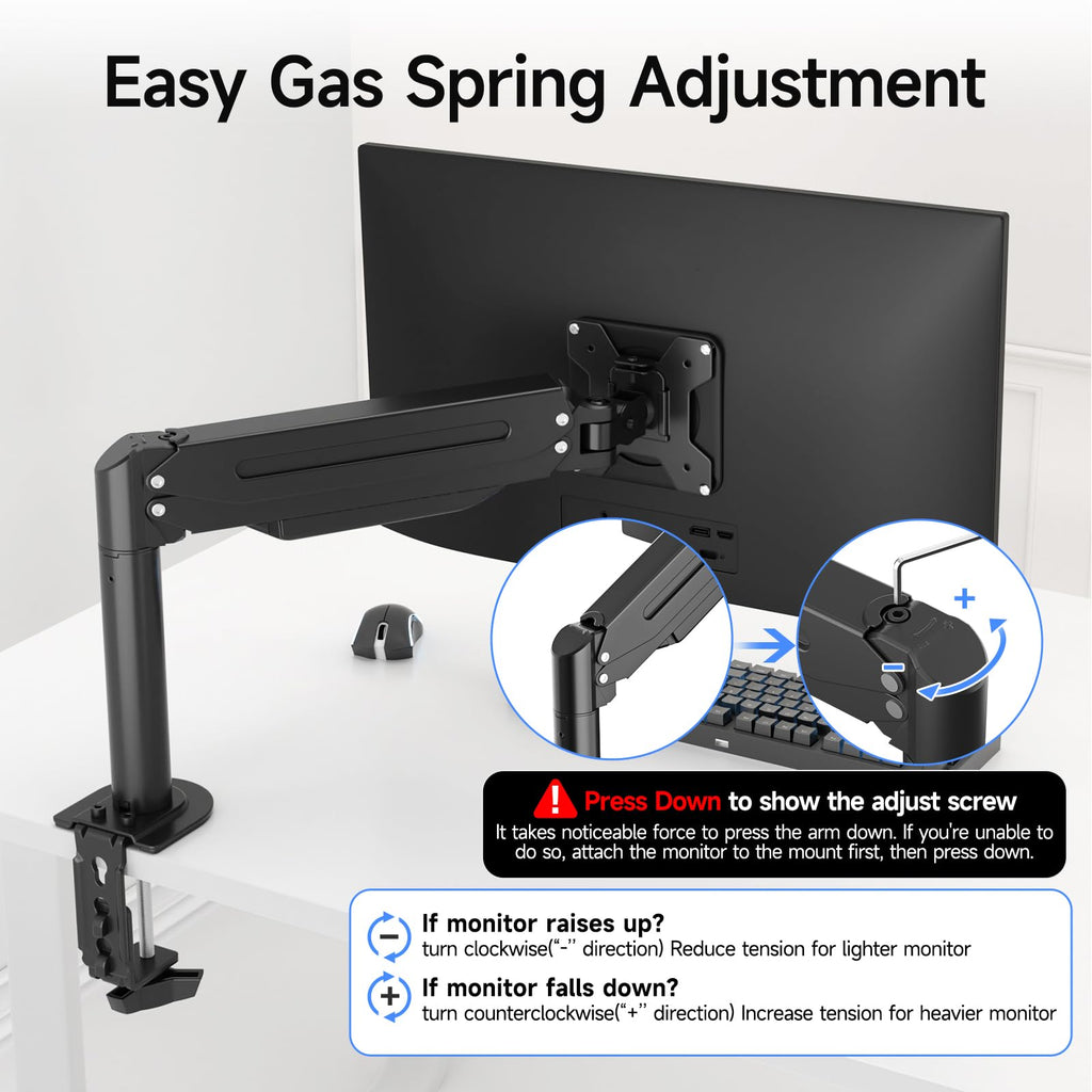 suptek Single Monitor Mount Gas Spring Arm Mount with Base,Free standing Pneumatic Height Adjustable Monitor Desk Stand for 17 to 35 inch,Holds up to 24.25lbs,Black(ML8XC)