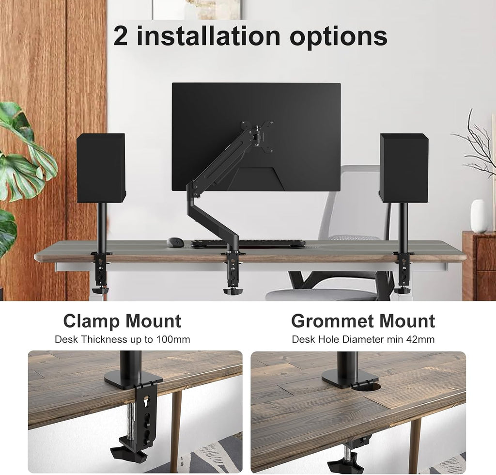 suptek Small Clamp-on Speaker Stand Desk Mount Set, Tilt, Swivel, 7.8 x 6.5 inch Trays, Universal Audio Holders for Computer and Bookshelf Speakers, Elevated Sound, 2 Pack, Black, SDM001SFX
