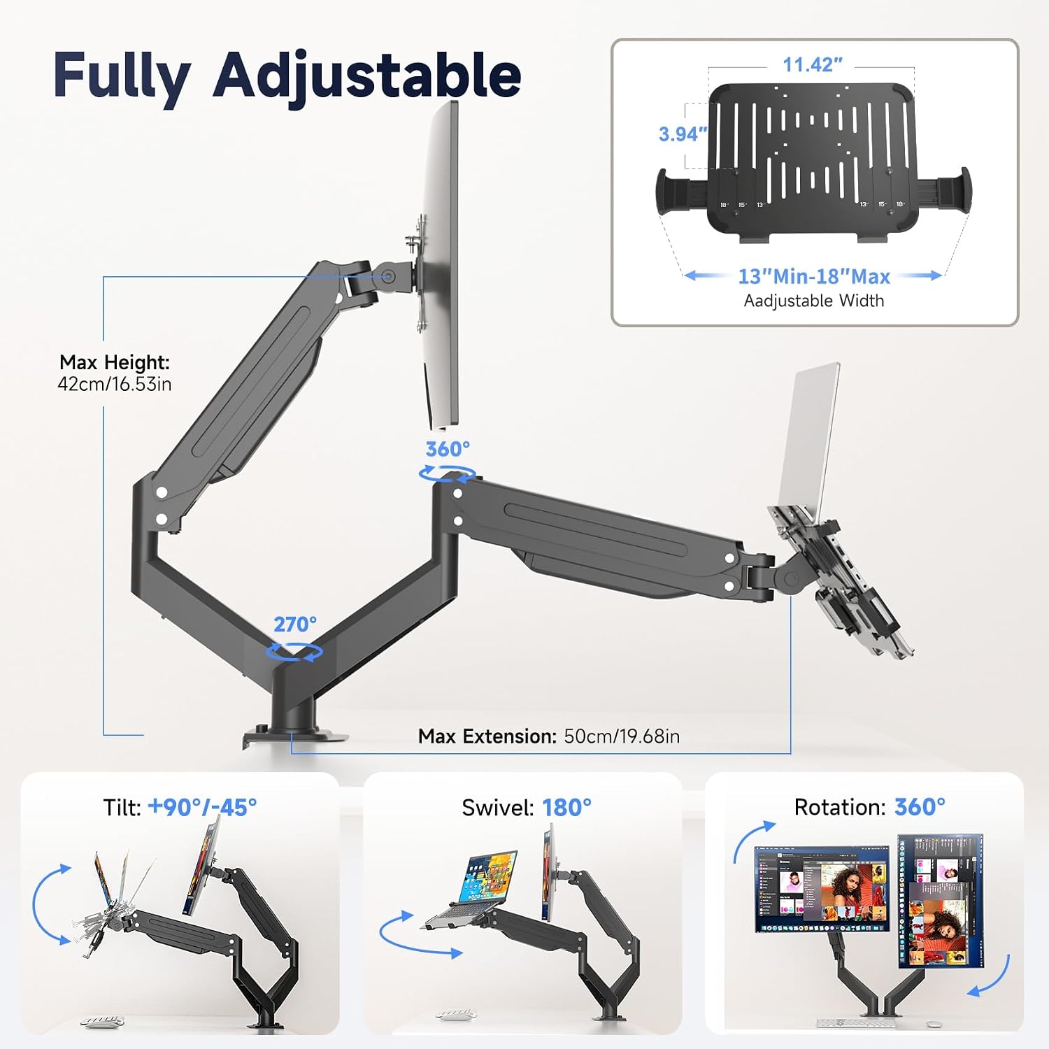 Suptek Monitor Laptop Mount Stand, 2 in 1 Function Dual Monitor Arms Desk Mount for 13"-18" Notebook and 17"-32" Monitor with Laptop Tray,Holds up to 22lbs