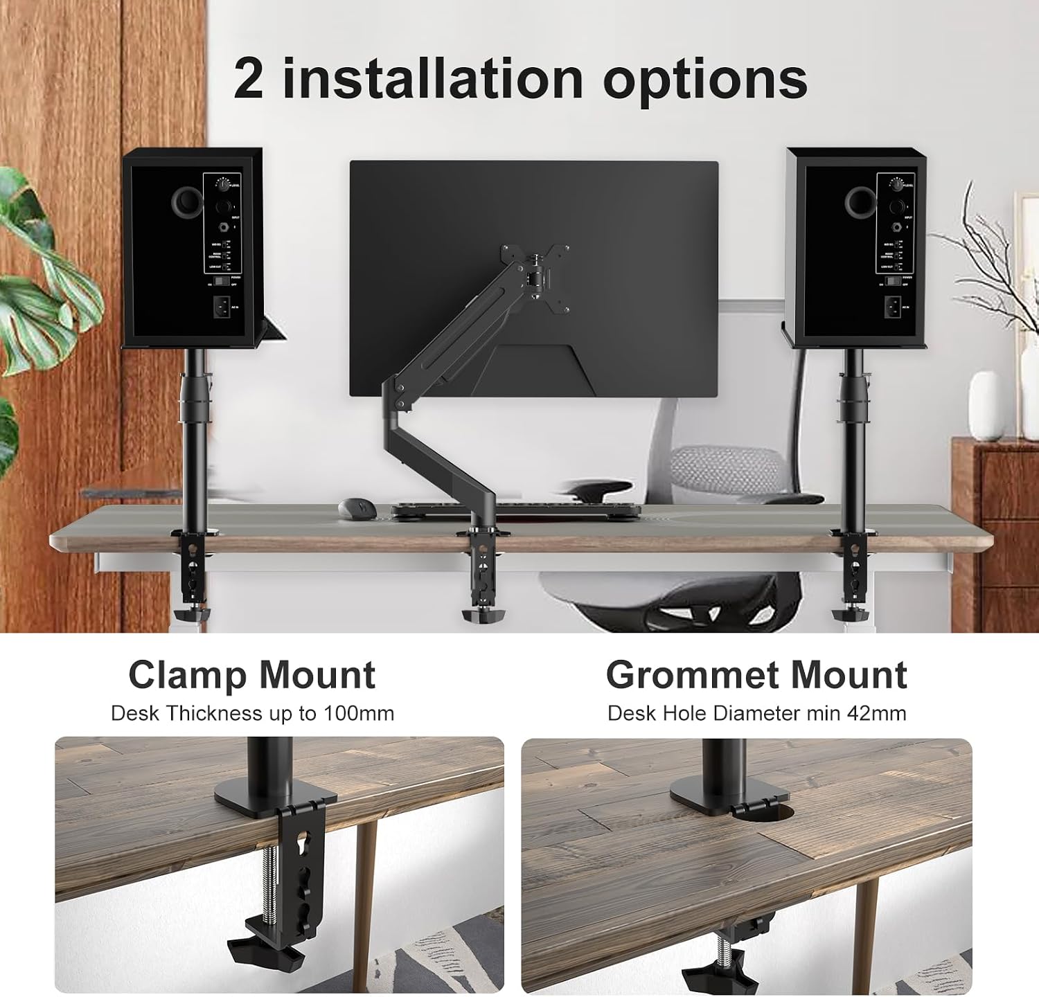 suptek Small Clamp-on Speaker Stand Desk Mount Set, Tilt, Swivel, 7.8 x 6.5 inch Trays, Universal Audio Holders for Computer and Bookshelf Speakers, Elevated Sound, 2 Pack, Black, SDM001SFX