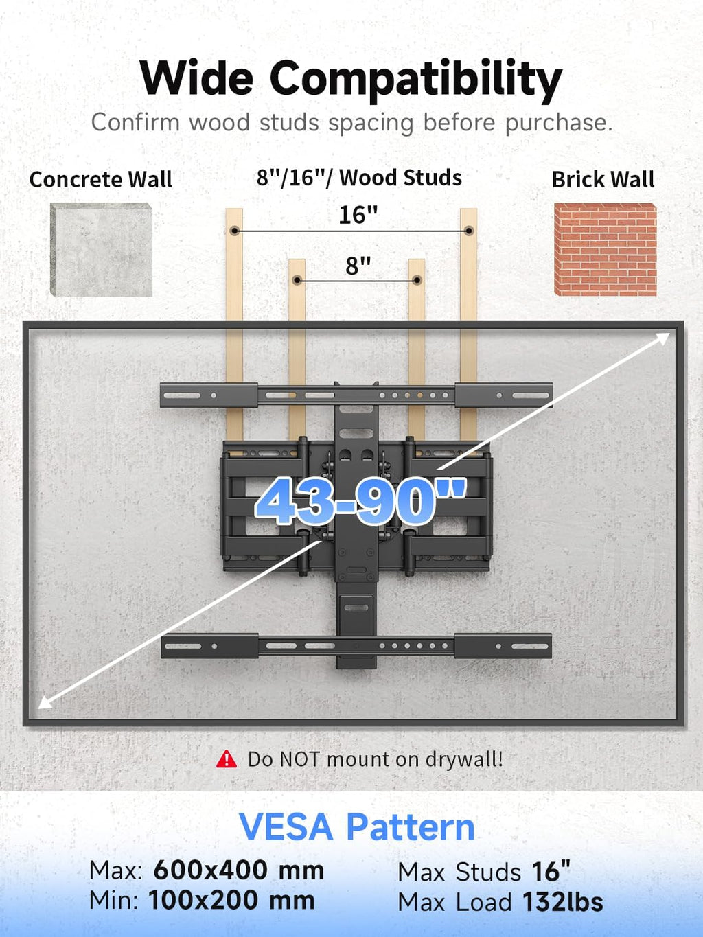 Suptek Ultra Slim TV Wall Mount Full Motion for 43-90” Large Screen | 1.38in slim mount, ±45° swivel, spring anti-glare tilt, 11.8in extend, VESA 600x400, holds 132lbs media room