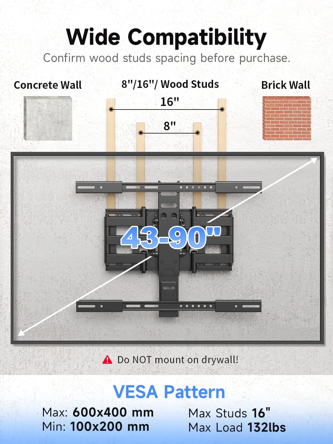 Suptek Ultra Slim TV Wall Mount Full Motion for 43-90” Large Screen | 1.38in slim mount, ±45° swivel, spring anti-glare tilt, 11.8in extend, VESA 600x400, holds 132lbs media room