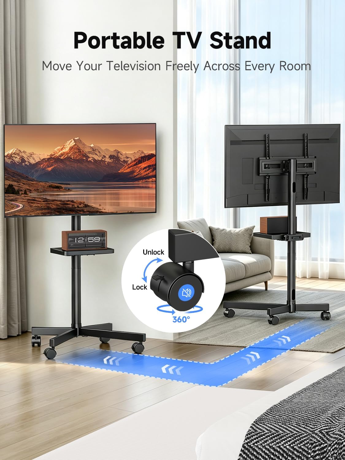 Suptek Rolling TV Stand Height Adjustable for 23-55-65 Inch LCD LED TV | Tilt Mobile TV Stand Holds up to 88lbs, Outdoor TV Stands Wheels with Shelf, Portable TV Stand for Living Room VESA 400x400