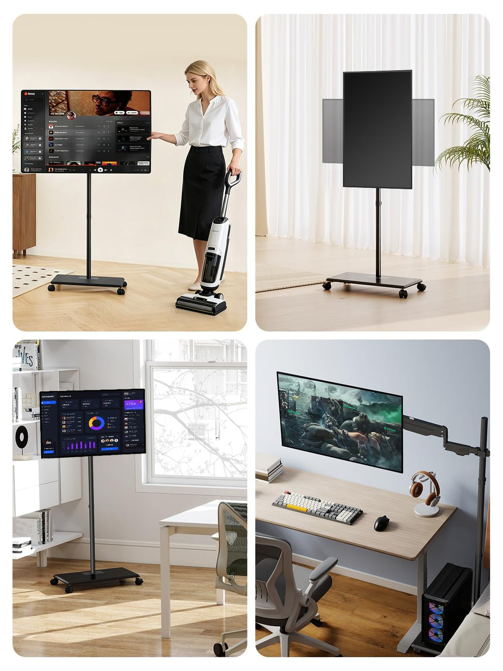 suptek Mobile Desk Workstation with Monitor Mount for up to 32" Screen, Rolling Computer Cart on Wheels,Full Keyboard Tray, CPU Holder