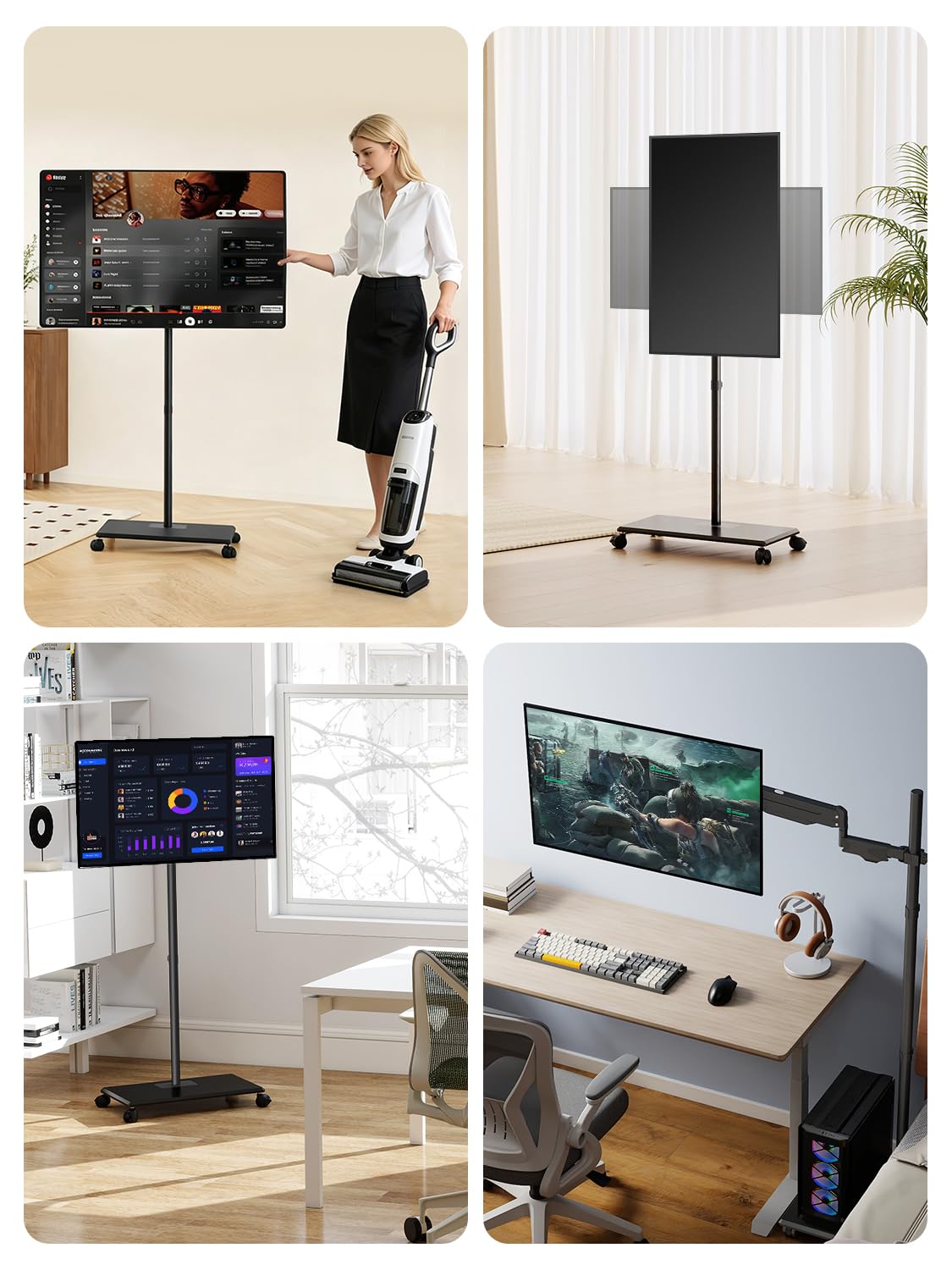 suptek Mobile Desk Workstation with Monitor Mount for up to 32" Screen, Rolling Computer Cart on Wheels,Full Keyboard Tray, CPU Holder