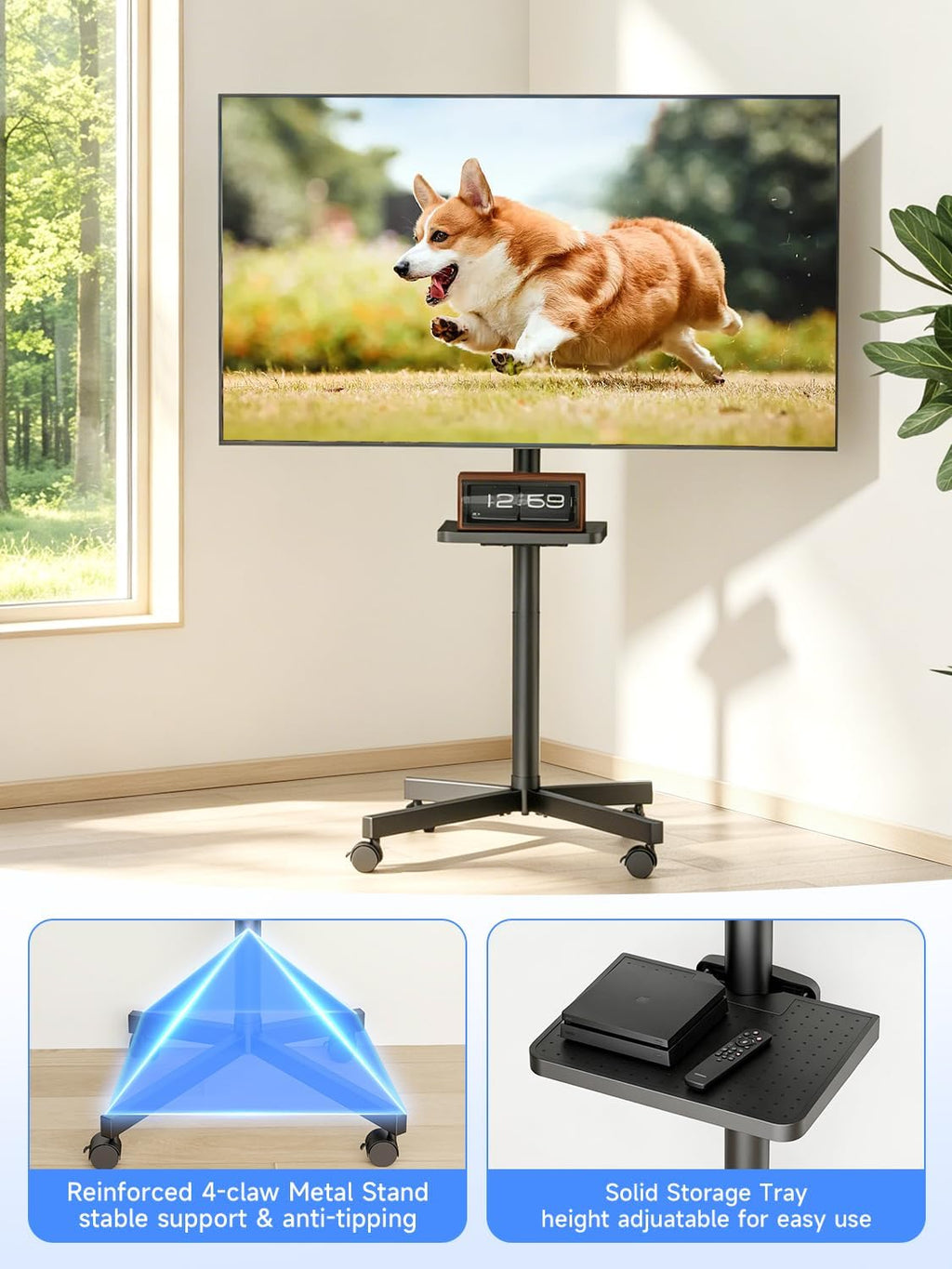 Suptek Rolling TV Stand Height Adjustable for 23-55-65 Inch LCD LED TV | Tilt Mobile TV Stand Holds up to 88lbs, Outdoor TV Stands Wheels with Shelf, Portable TV Stand for Living Room VESA 400x400