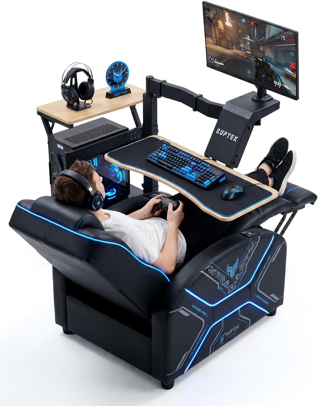 Electric Mobile Floating Gaming Standing Desk with CPU Stand & Power Strip | 920-1400mm Height Adjust, 360° Swivel Arm, Dual Layout, Fits Single/Dual Monitors, Sit-Stand-Lie Mobile Gaming Workstation