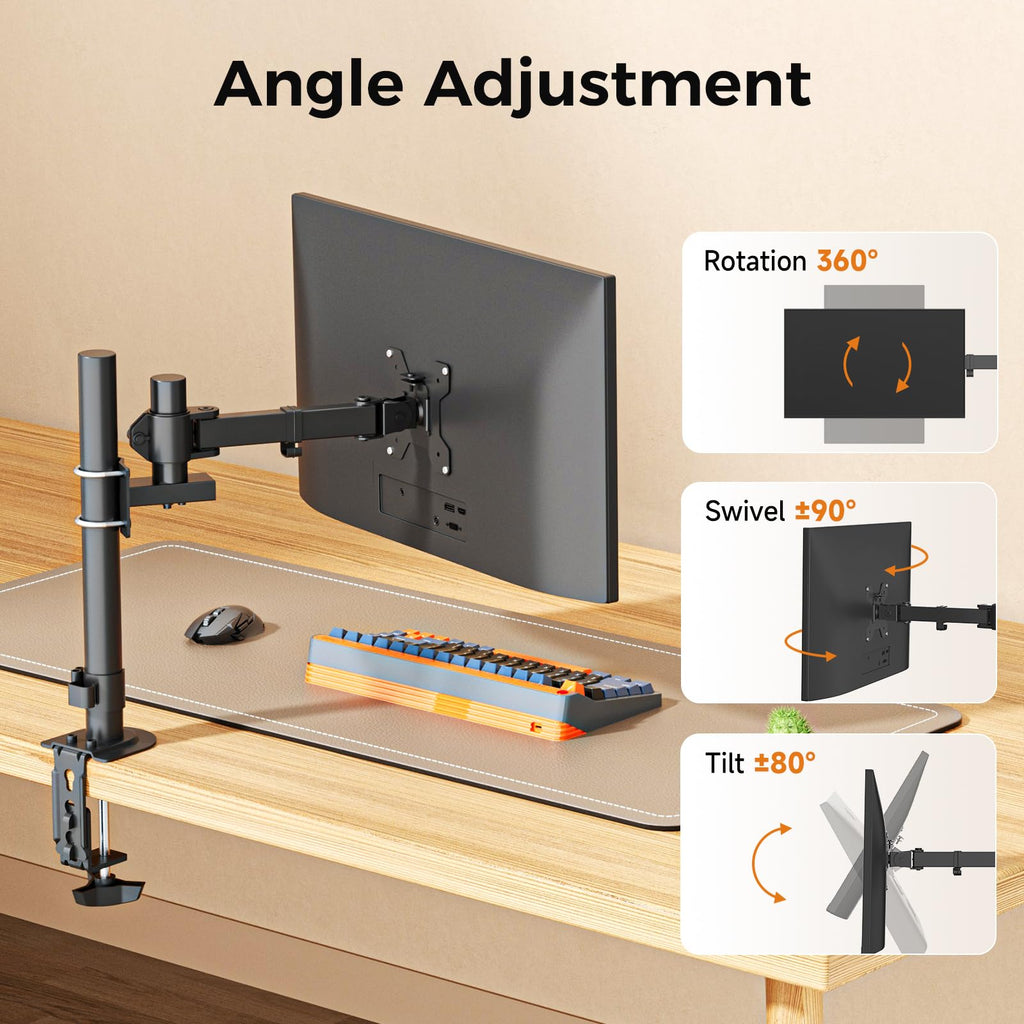 suptek Single Monitor Arm for Desk Mount Stand,Adjustable Monitor Arm for 17 to 32 inch Screen, Support Weight up to 22lbs, Mounting Holes 75x75mm to 100x100mm,Pneumatic Pole Mount Arm Black
