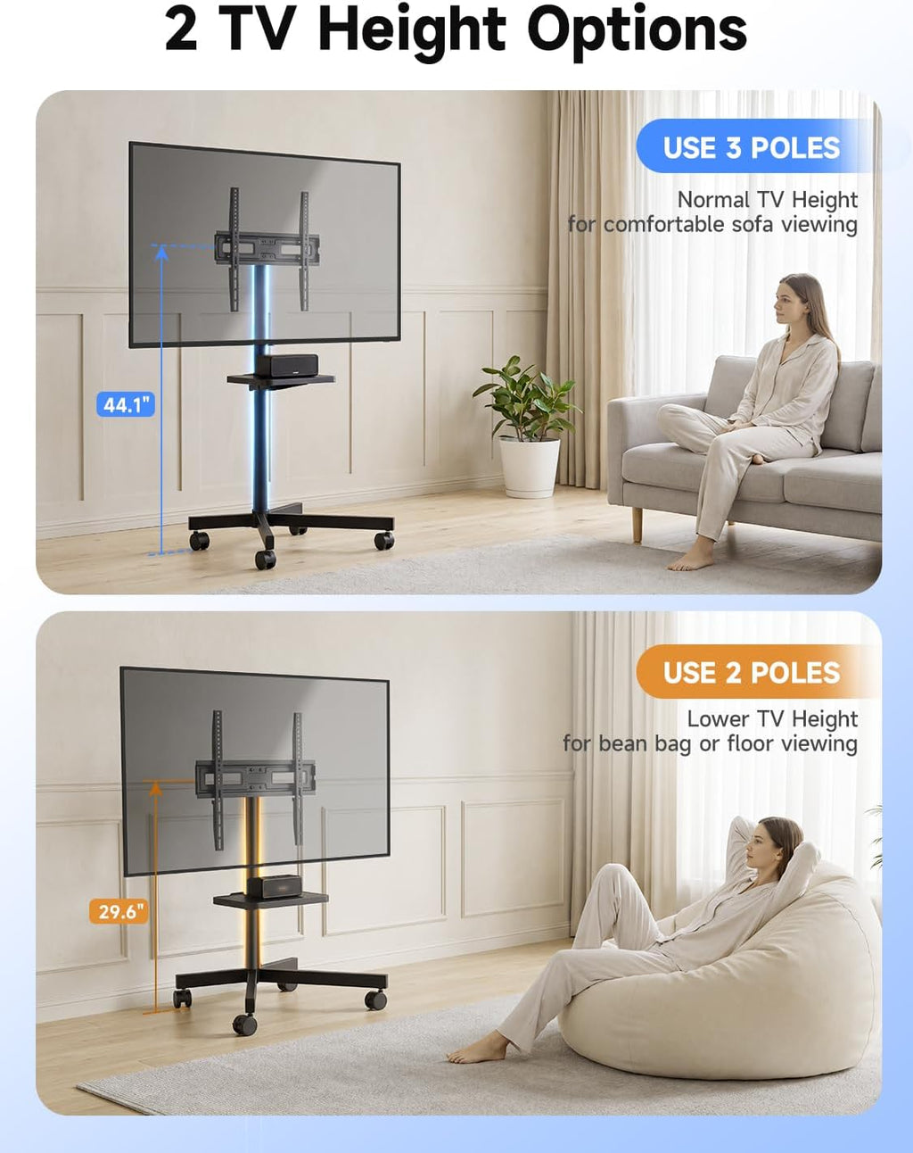 Suptek Rolling TV Stand Height Adjustable for 23-55-65 Inch LCD LED TV | Tilt Mobile TV Stand Holds up to 88lbs, Outdoor TV Stands Wheels with Shelf, Portable TV Stand for Living Room VESA 400x400