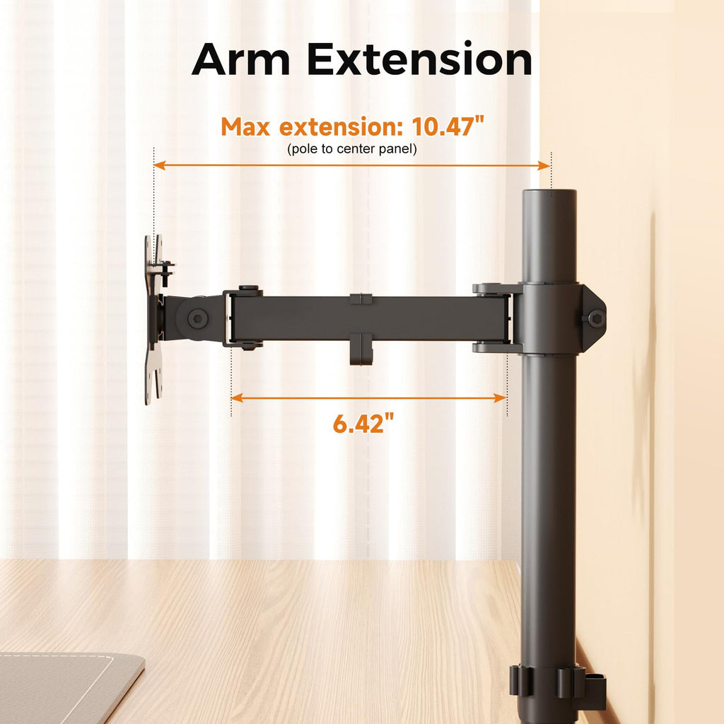 suptek Single Monitor Arm for Desk Mount Stand,Adjustable Monitor Arm for 17 to 32 inch Screen, Support Weight up to 22lbs, Mounting Holes 75x75mm to 100x100mm,Pneumatic Pole Mount Arm Black