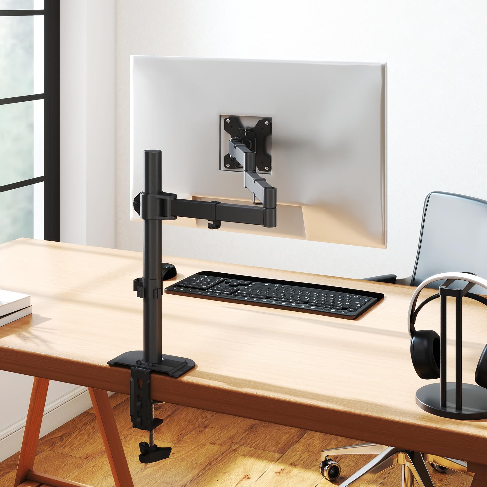 suptek Single Monitor Arm for Desk Mount Stand,Adjustable Monitor Arm for 17 to 32 inch Screen, Support Weight up to 22lbs, Mounting Holes 75x75mm to 100x100mm,Pneumatic Pole Mount Arm Black