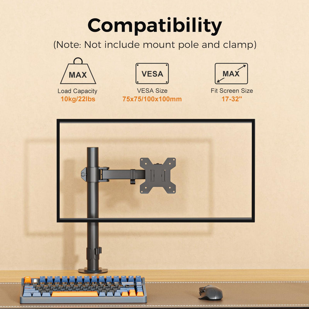 suptek Single Monitor Arm for Desk Mount Stand,Adjustable Monitor Arm for 17 to 32 inch Screen, Support Weight up to 22lbs, Mounting Holes 75x75mm to 100x100mm,Pneumatic Pole Mount Arm Black