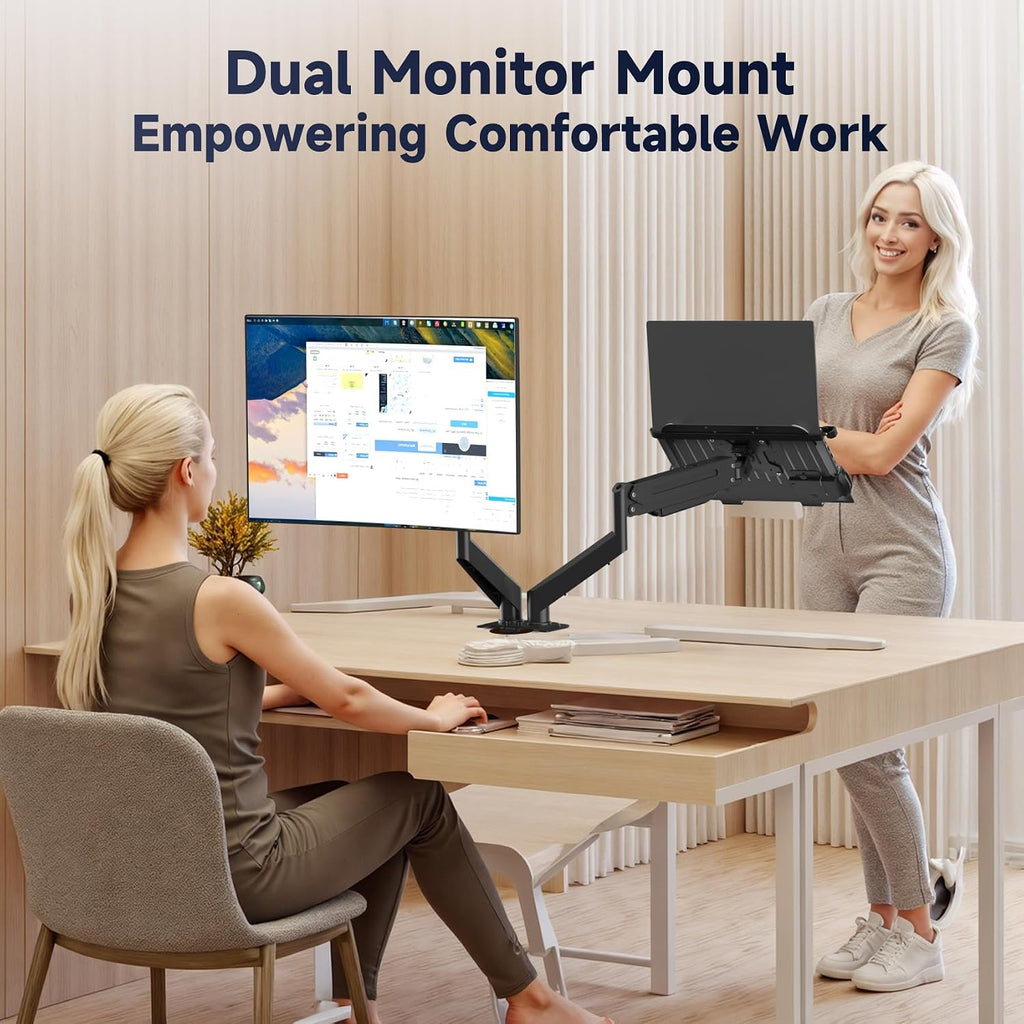 Suptek Monitor Laptop Mount Stand, 2 in 1 Function Dual Monitor Arms Desk Mount for 13"-18" Notebook and 17"-32" Monitor with Laptop Tray,Holds up to 22lbs