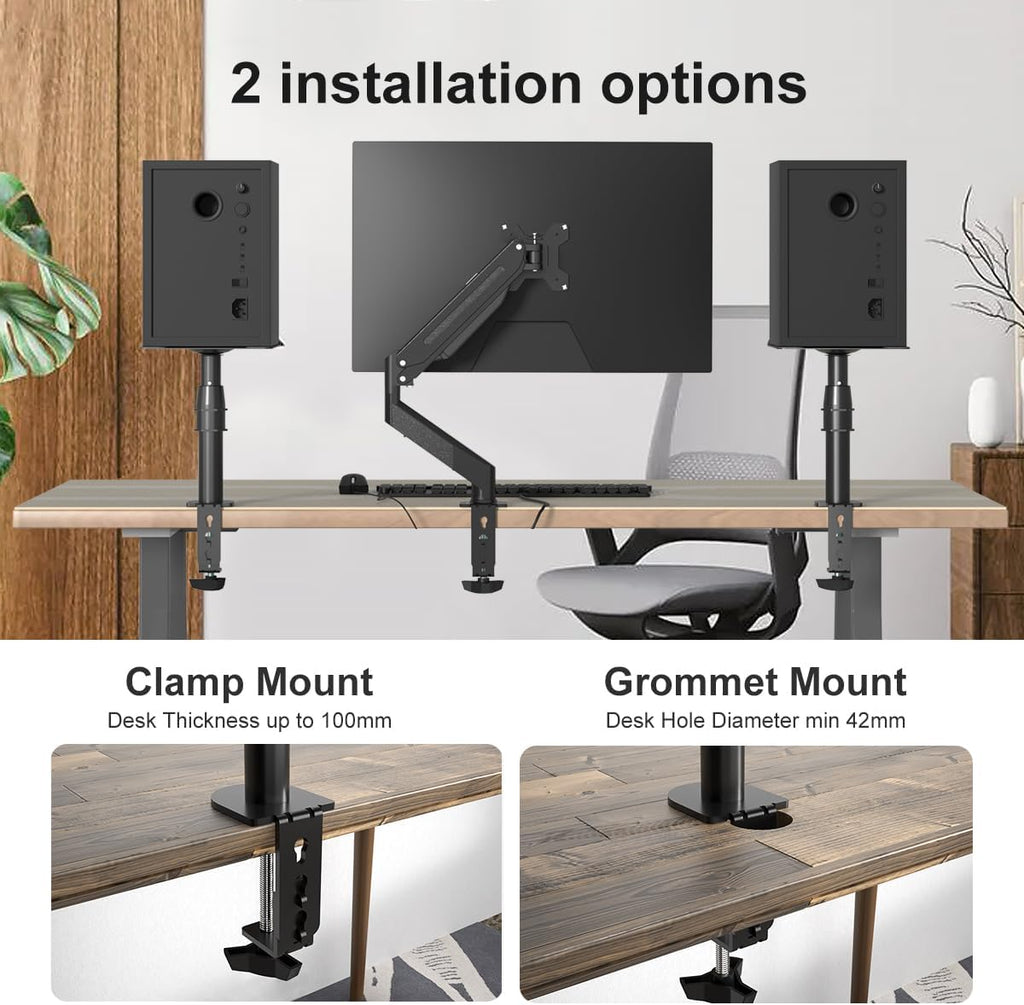 suptek Small Clamp-on Speaker Stand Desk Mount Set, Tilt, Swivel, 7.8 x 6.5 inch Trays, Universal Audio Holders for Computer and Bookshelf Speakers, Elevated Sound, 2 Pack, Black, SDM001SFX