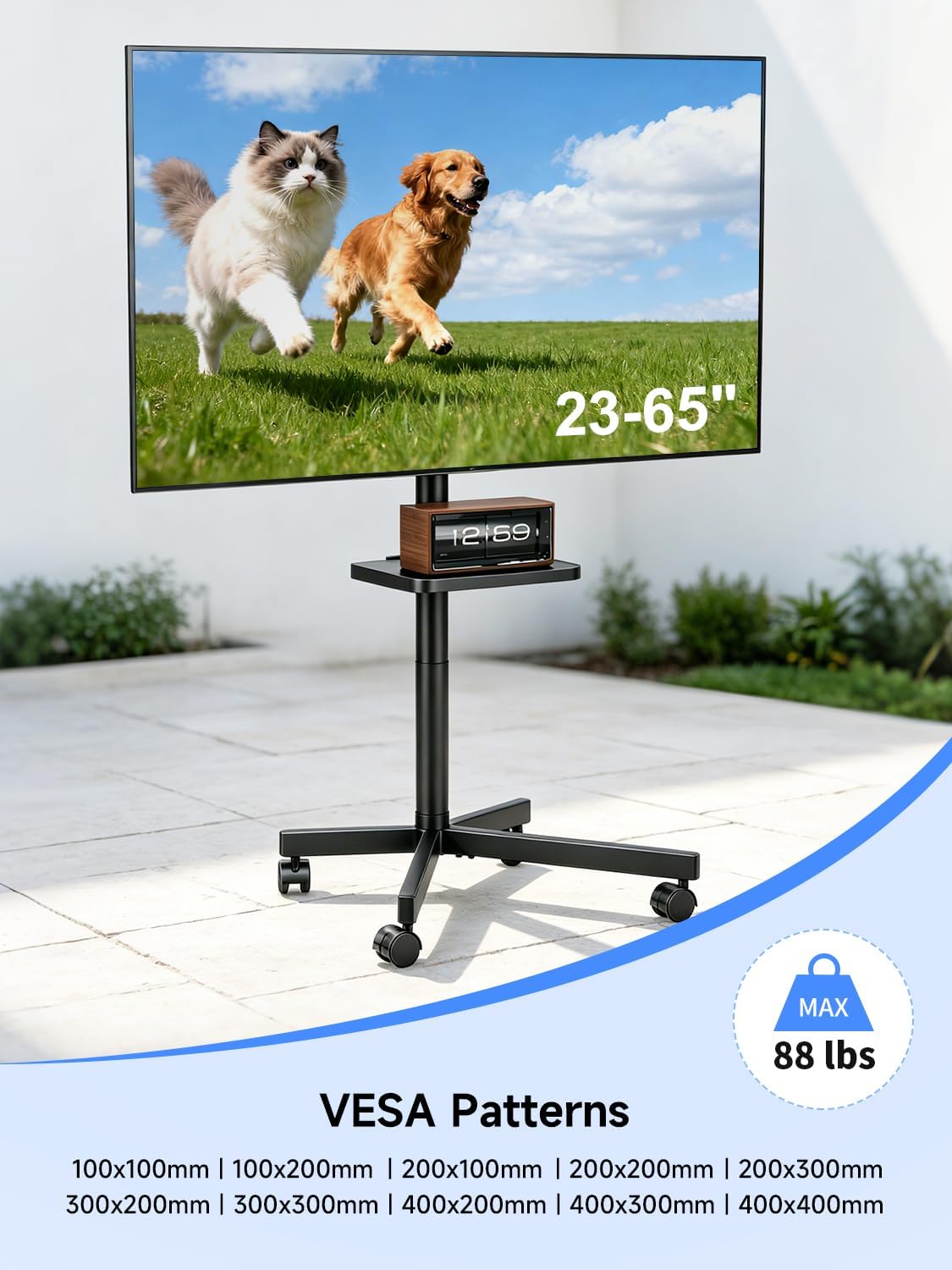 Suptek Rolling TV Stand Height Adjustable for 23-55-65 Inch LCD LED TV | Tilt Mobile TV Stand Holds up to 88lbs, Outdoor TV Stands Wheels with Shelf, Portable TV Stand for Living Room VESA 400x400