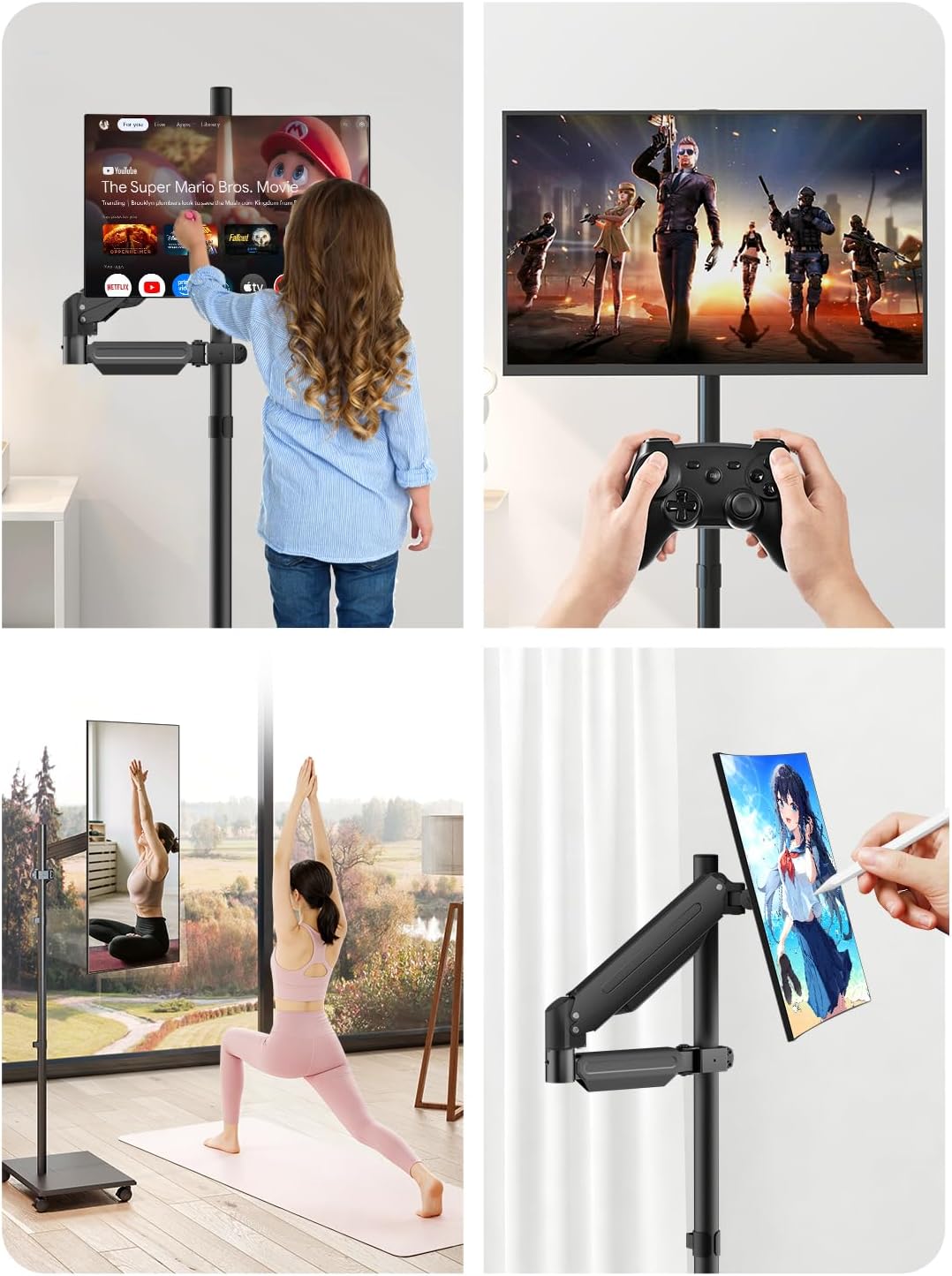 suptek Mobile Desk Workstation with Monitor Mount for up to 32" Screen, Rolling Computer Cart on Wheels,Full Keyboard Tray, CPU Holder