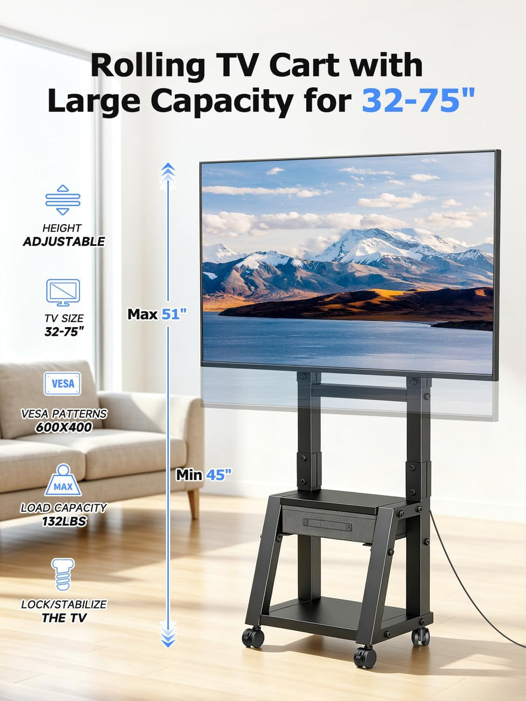 Suptek Rolling TV Stand for 32-65-75in Flat/Curved TV with Fabric Drawer | Height Adjustable Outdoor TV Stand Holds Up to 132lbs, Mobile TV Stand with Locking Wheels, TV Cart Max VESA 600x400