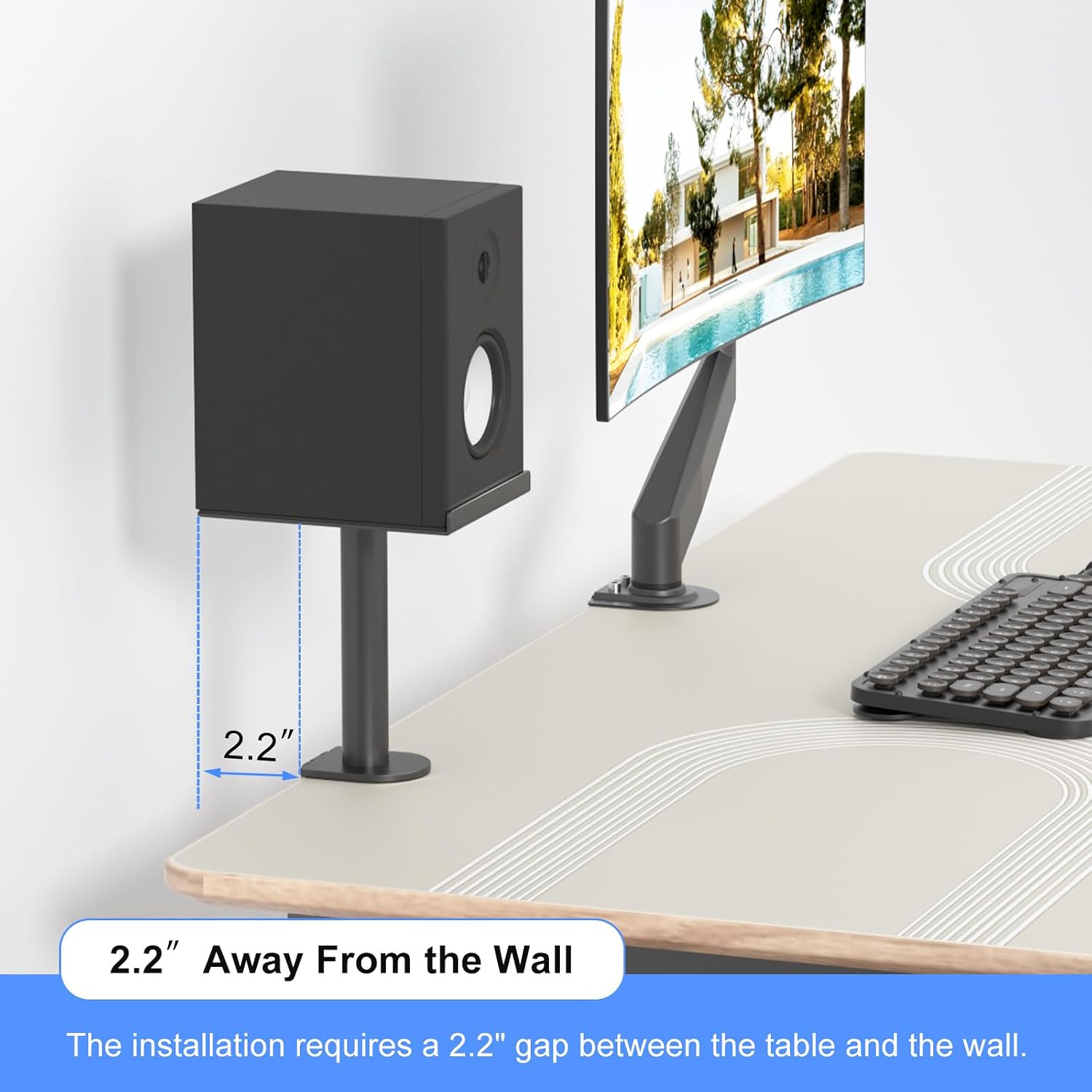 suptek Small Clamp-on Speaker Stand Desk Mount Set, Tilt, Swivel, 7.8 x 6.5 inch Trays, Universal Audio Holders for Computer and Bookshelf Speakers, Elevated Sound, 2 Pack, Black, SDM001SFX