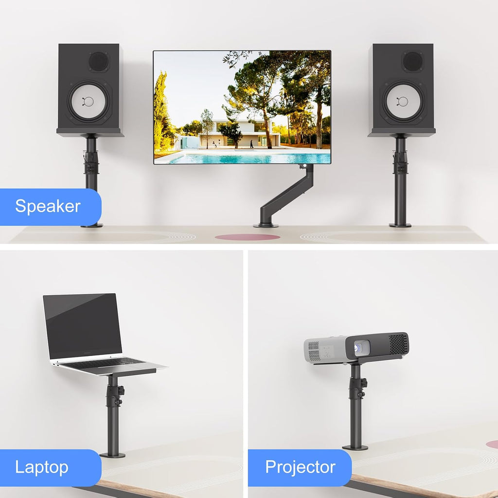 suptek Small Clamp-on Speaker Stand Desk Mount Set, Tilt, Swivel, 7.8 x 6.5 inch Trays, Universal Audio Holders for Computer and Bookshelf Speakers, Elevated Sound, 2 Pack, Black, SDM001SFX