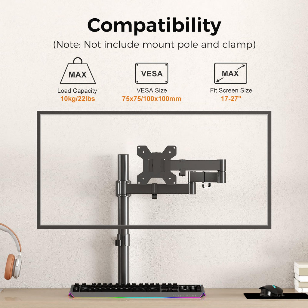 suptek Single Monitor Arm for Desk Mount Stand,Adjustable Monitor Arm for 17 to 32 inch Screen, Support Weight up to 22lbs, Mounting Holes 75x75mm to 100x100mm,Pneumatic Pole Mount Arm Black